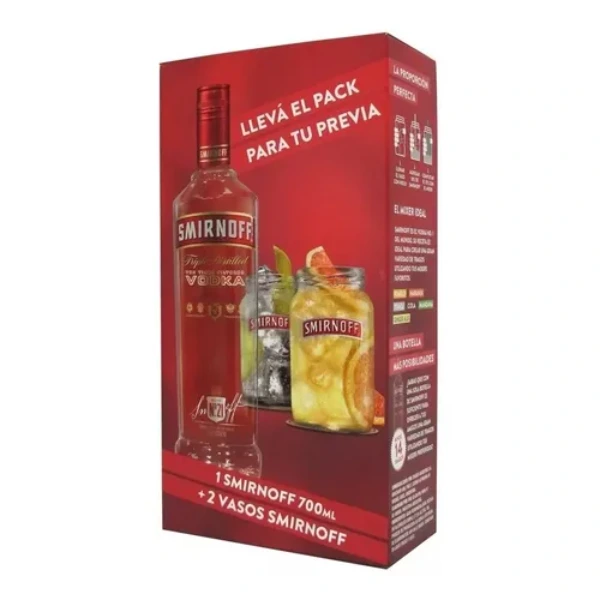 SMIRNOFF ESTUCHE PREVIA PACK 1 BOTELLA 700 CC + 2 VASOS